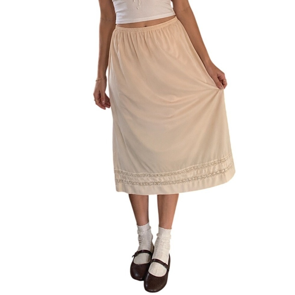 VINTAGE Cream Nylon Lace Trim Half Slip Skirt Cottagecore L
